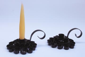 catalog photo of vintage black iron candle holders, metal filigree candlesticks witchy gothic boho decor 
