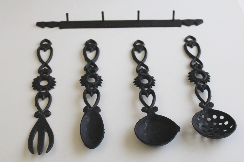 photo of vintage black iron kitchen tools & wall rack, decorative kitchenware prim folk art  #1