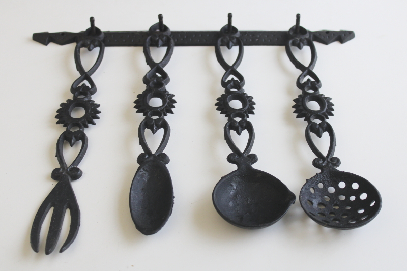 photo of vintage black iron kitchen tools & wall rack, decorative kitchenware prim folk art  #2