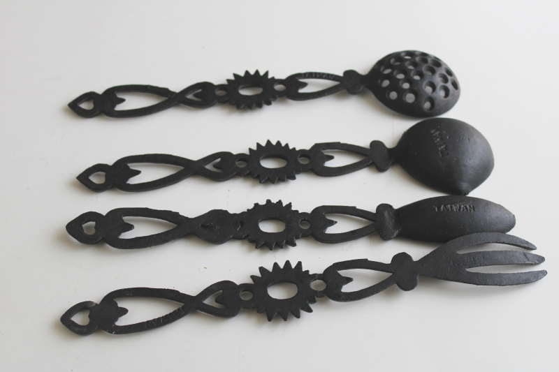 photo of vintage black iron kitchen tools & wall rack, decorative kitchenware prim folk art  #9