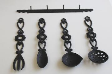 catalog photo of vintage black iron kitchen tools & wall rack, decorative kitchenware prim folk art 