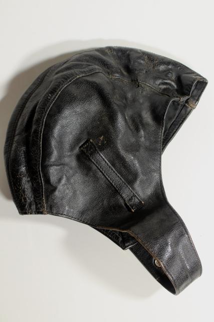 photo of vintage black leather helmet soft cap, retro mid-century biker motorcycle gear #2