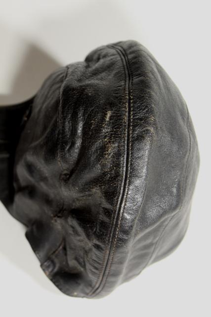 photo of vintage black leather helmet soft cap, retro mid-century biker motorcycle gear #3