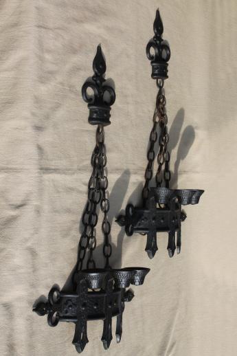 photo of vintage black metal candle sconces w/ french fleur de lis, gothic fairy tale style! #1