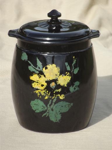 photo of vintage black milk glass cookie jar, ebony black opaque glass w/ painted flowers #1