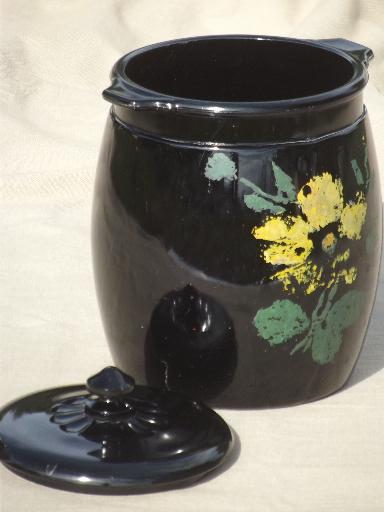 photo of vintage black milk glass cookie jar, ebony black opaque glass w/ painted flowers #2