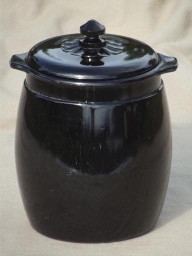 photo of vintage black milk glass cookie jar, ebony black opaque glass w/ painted flowers #3