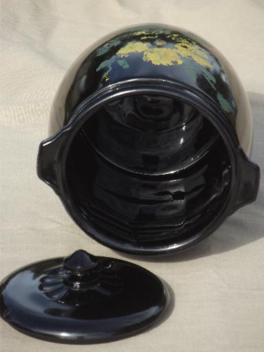 photo of vintage black milk glass cookie jar, ebony black opaque glass w/ painted flowers #4