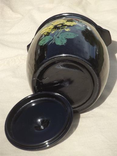 photo of vintage black milk glass cookie jar, ebony black opaque glass w/ painted flowers #5