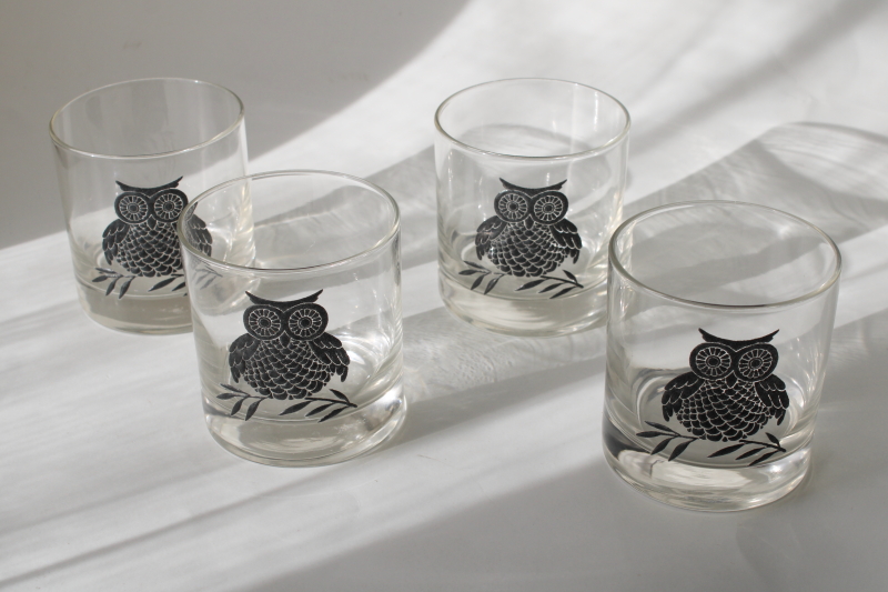 photo of vintage black owl print drinking glasses, mid century modern West Virginia glass  #1