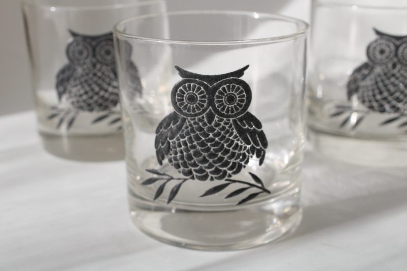 photo of vintage black owl print drinking glasses, mid century modern West Virginia glass  #2