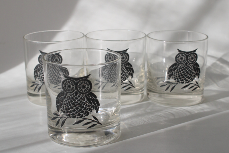 photo of vintage black owl print drinking glasses, mid century modern West Virginia glass  #3