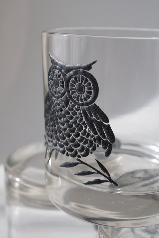 photo of vintage black owl print drinking glasses, mid century modern West Virginia glass  #6