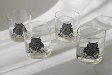 catalog photo of vintage black owl print drinking glasses, mid century modern West Virginia glass 