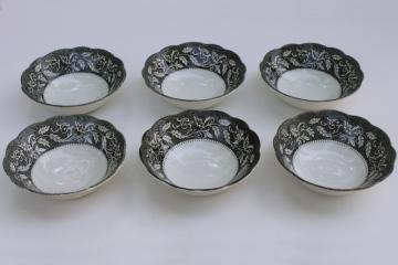 catalog photo of vintage black transferware china, Sterling Renaissance Meakin English ironstone soup or cereal bowls 