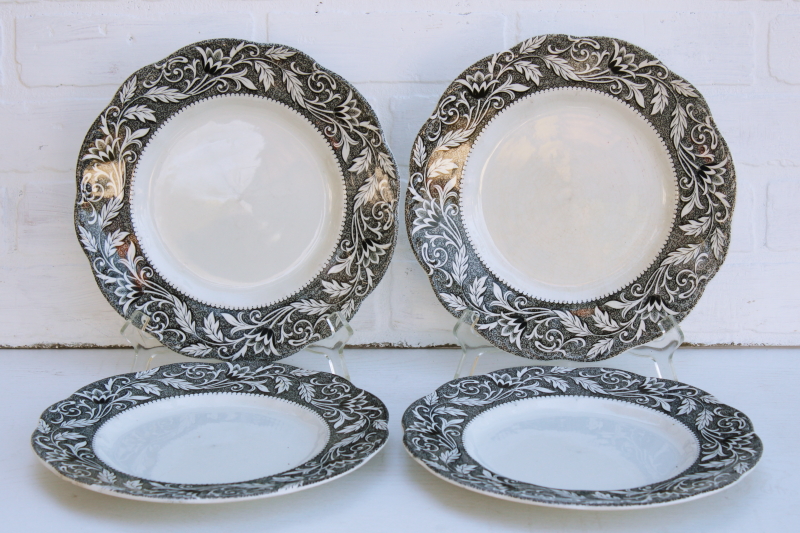 photo of vintage black transferware china dinner plates, English ironstone J-G Meakin Renaissance pattern #1