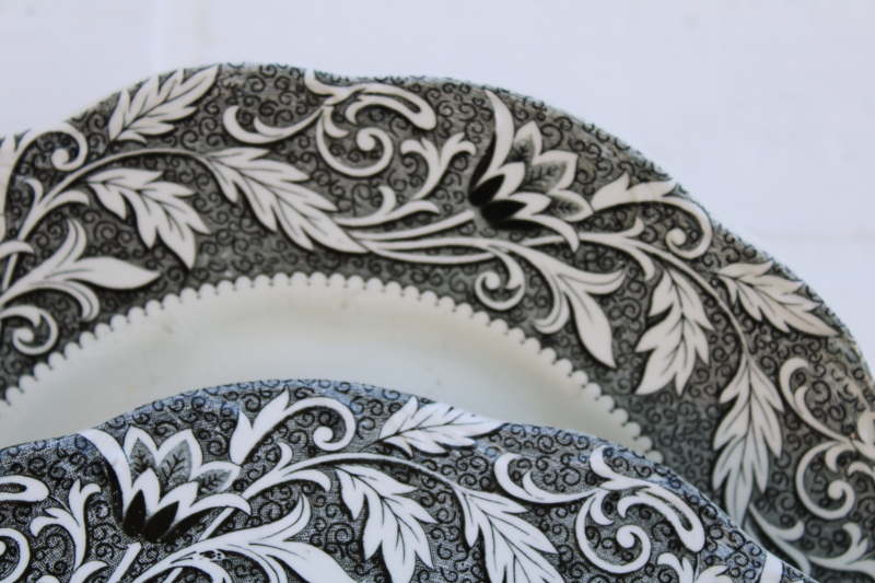 photo of vintage black transferware china dinner plates, English ironstone J-G Meakin Renaissance pattern #2