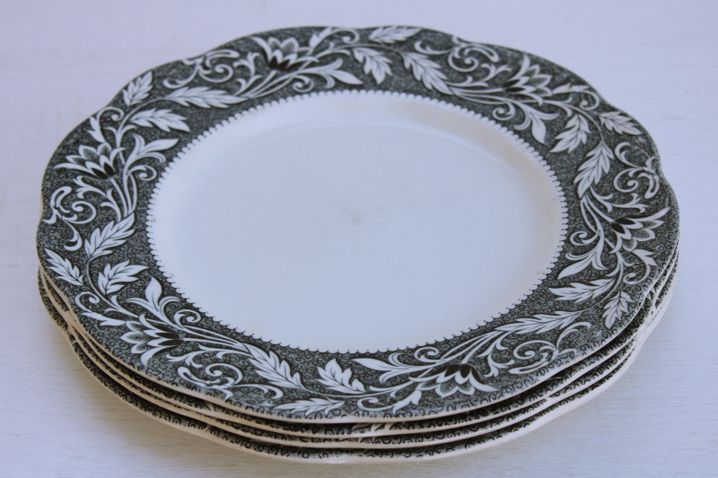 photo of vintage black transferware china dinner plates, English ironstone J-G Meakin Renaissance pattern #6