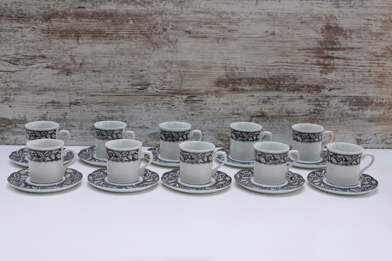 photo of vintage black transferware china set of 10 cups & saucers, Sterling Renaissance Meakin English ironstone #1