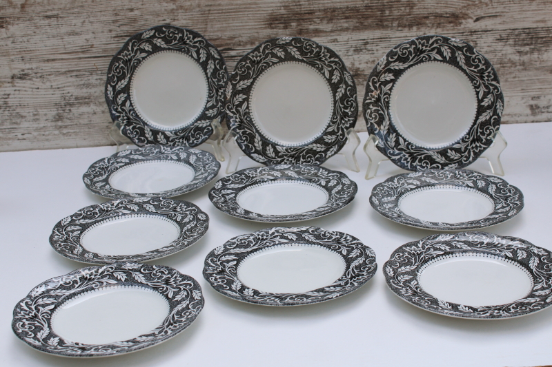 photo of vintage black transferware china set of 10 small dessert plates, Sterling Renaissance Meakin English ironstone #1