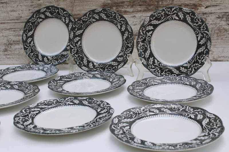 photo of vintage black transferware china set of 10 small dessert plates, Sterling Renaissance Meakin English ironstone  #6