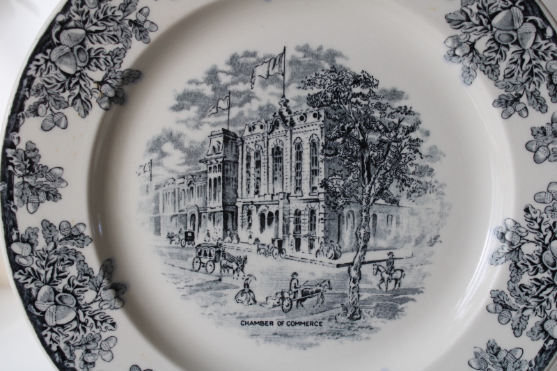 photo of vintage black transferware ironstone china plate w/ 1800s engraving Chicago Chamber of Commerce historic building  #2