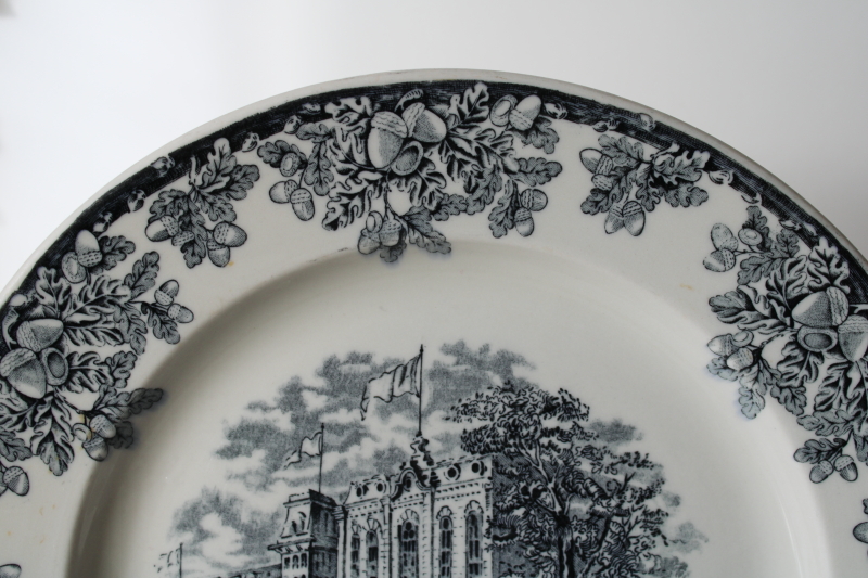 photo of vintage black transferware ironstone china plate w/ 1800s engraving Chicago Chamber of Commerce historic building  #3