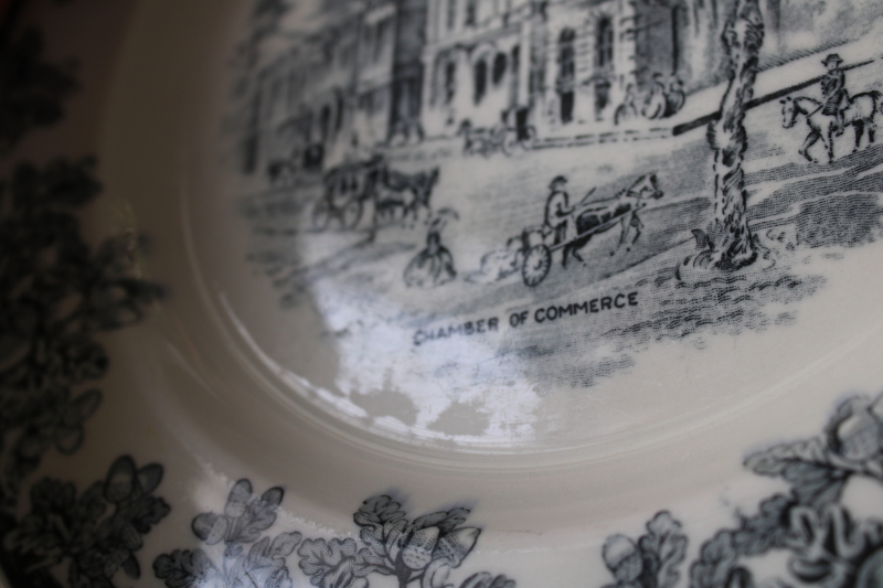 photo of vintage black transferware ironstone china plate w/ 1800s engraving Chicago Chamber of Commerce historic building  #6
