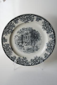 catalog photo of vintage black transferware ironstone china plate w/ 1800s engraving Chicago Chamber of Commerce historic building 