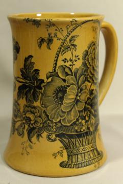 catalog photo of vintage black transferware toile floral Royal Crownford ironstone, large stein
