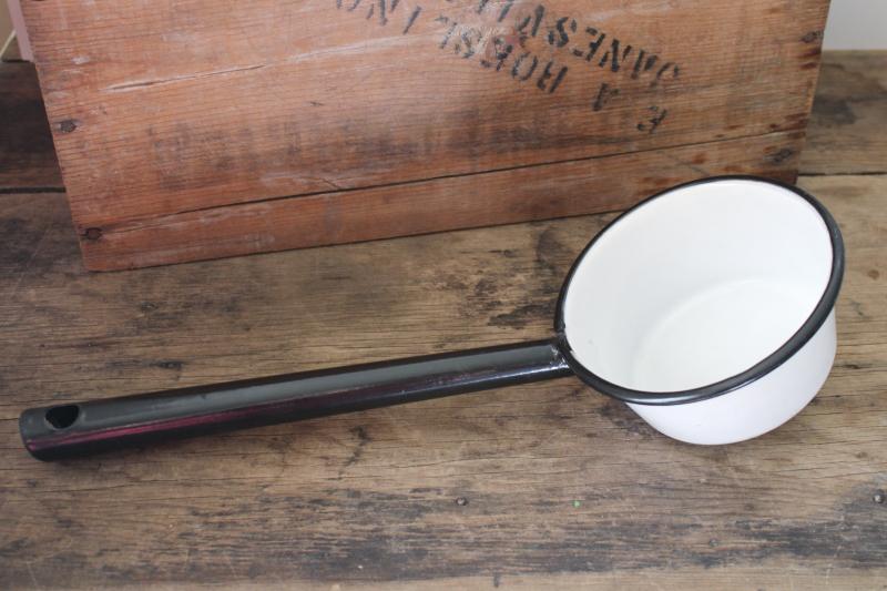 photo of vintage black trim white enamel ware ladle or dipper, old farmhouse primitive #1