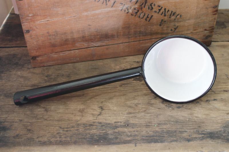 photo of vintage black trim white enamel ware ladle or dipper, old farmhouse primitive #2