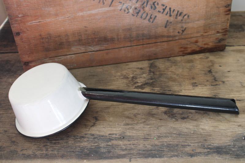 photo of vintage black trim white enamel ware ladle or dipper, old farmhouse primitive #3