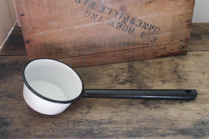 photo of vintage black trim white enamel ware ladle or dipper, old farmhouse primitive #4