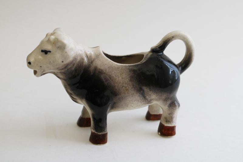 photo of vintage black & white brindle milking shorthorn cow pitcher, painted ceramic cow creamer #1