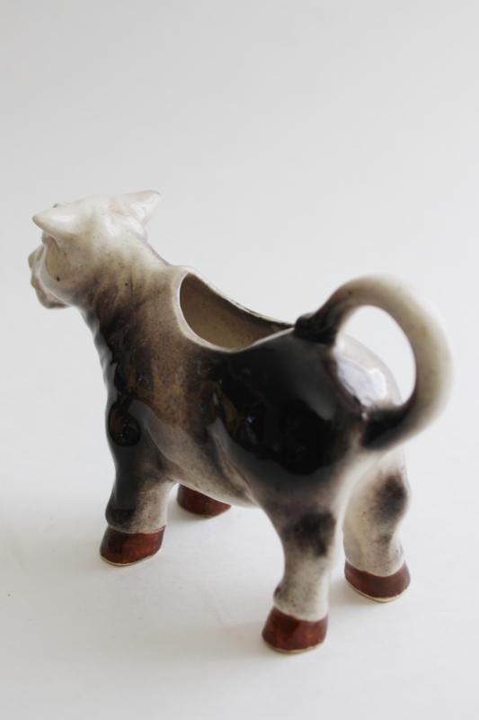 photo of vintage black & white brindle milking shorthorn cow pitcher, painted ceramic cow creamer #4