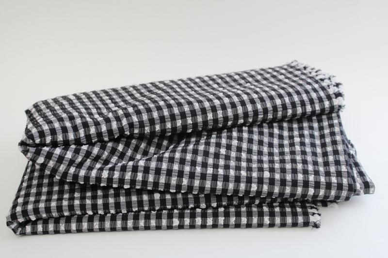 photo of vintage black & white gingham checked fabric, slight stretch pucker weave crinkle texture #1