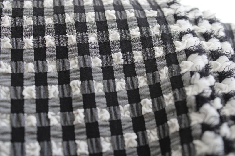 photo of vintage black & white gingham checked fabric, slight stretch pucker weave crinkle texture #2