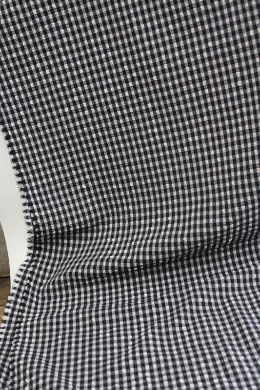 photo of vintage black & white gingham checked fabric, slight stretch pucker weave crinkle texture #3