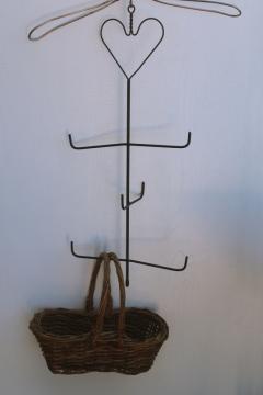 catalog photo of vintage black wire rack display for hanging baskets, country primitive heart cottagecore 