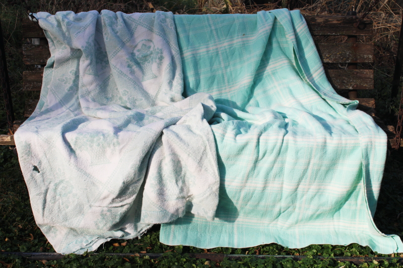 photo of vintage blankets mint green & white floral & plaid, shabby chic worn fabric #1