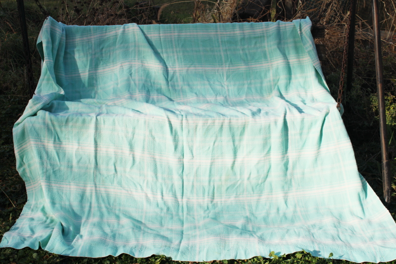 photo of vintage blankets mint green & white floral & plaid, shabby chic worn fabric #2