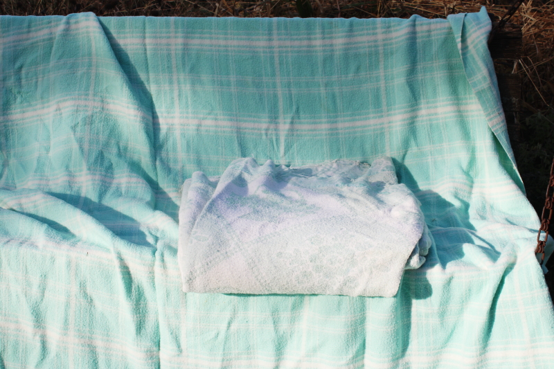 photo of vintage blankets mint green & white floral & plaid, shabby chic worn fabric #3