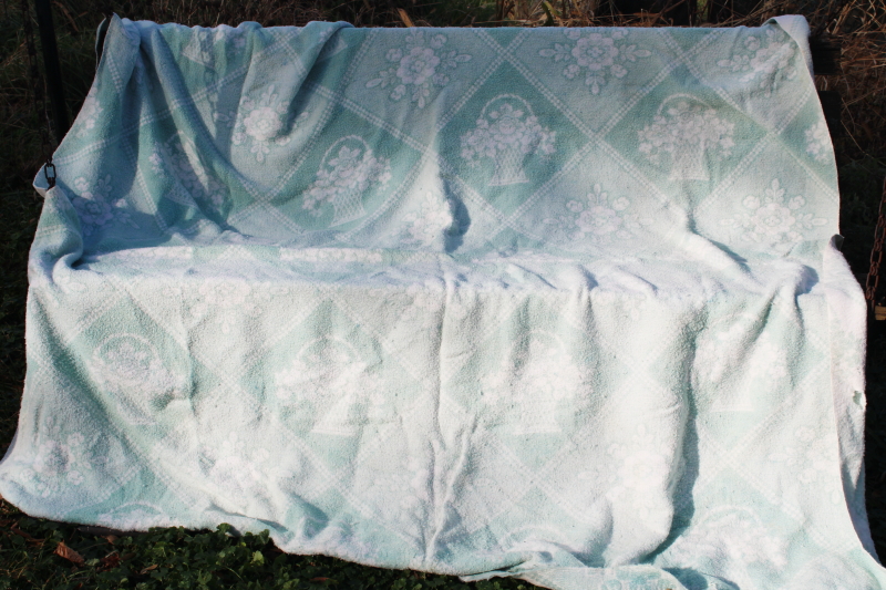 photo of vintage blankets mint green & white floral & plaid, shabby chic worn fabric #6