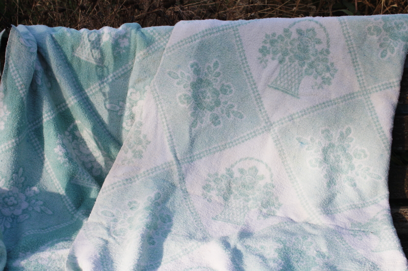 photo of vintage blankets mint green & white floral & plaid, shabby chic worn fabric #7