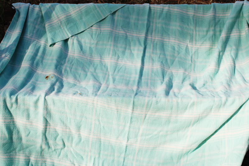 photo of vintage blankets mint green & white floral & plaid, shabby chic worn fabric #9