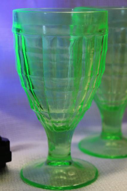 photo of vintage block optic glass water goblets or wine glasses, green depression uranium glass #2