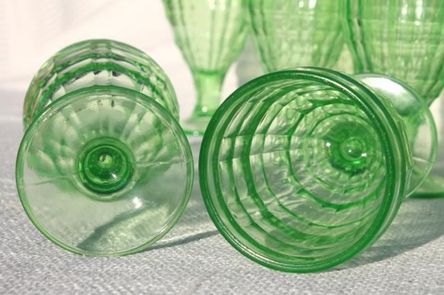 photo of vintage block optic glass water goblets or wine glasses, green depression uranium glass #4