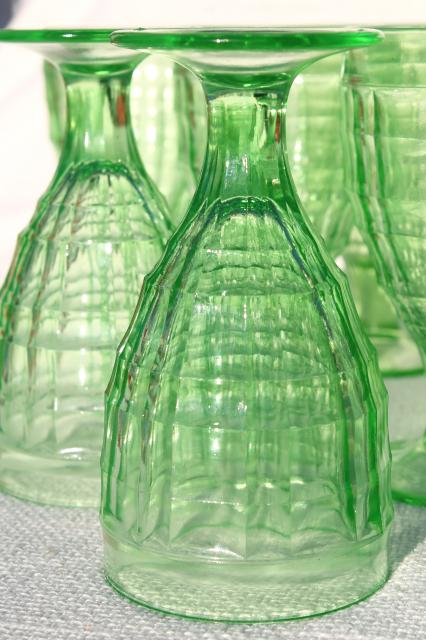 photo of vintage block optic glass water goblets or wine glasses, green depression uranium glass #6