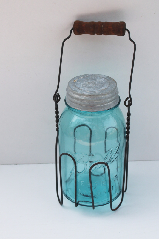 photo of vintage blue Ball Mason jar w/ zinc lid, primitive style wire jar carrier w/ wood handle #1